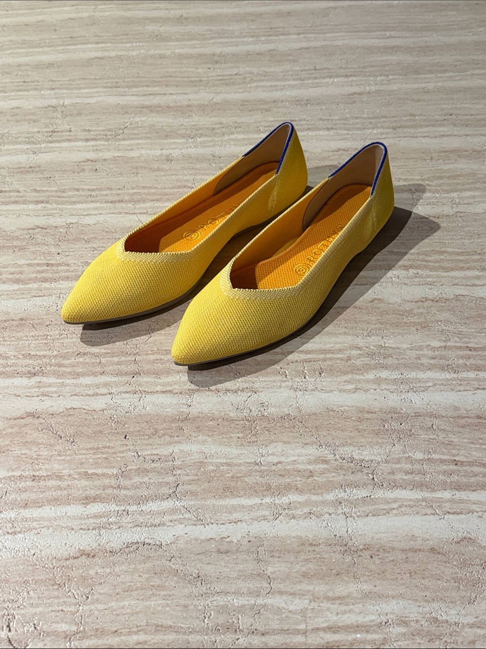 Rothy's Yellow Pointed-Toe Knit Flats with Blue Trim